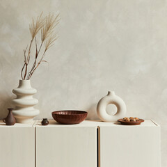 Stylish interior design composition of cozy living room with copy space, commode and personal...