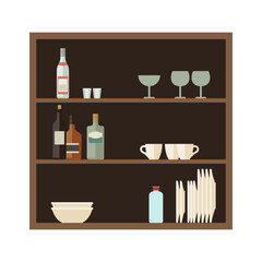 Wall shelves for kitchen utensils. Plates, cups, bottles stand on shelves in the kitchen.