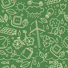 Seamless vector pattern with outline eco icons. Background with hand drawn zero waste and recycle elements. Save planet doodle silhouettes