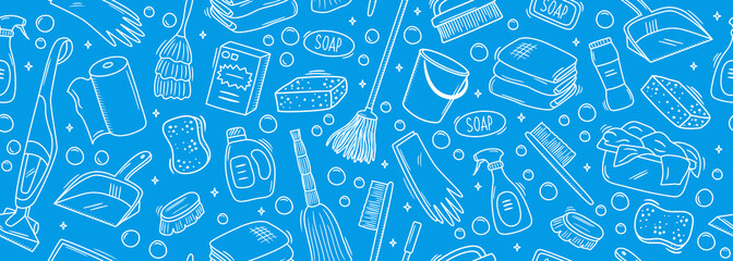 Seamless vector banner with outline cleaning icons. Background with hand drawn house work elements. Laundry sketch pattern. Home routine doodle silhouettes