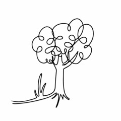 Tree in continuous one line style. Cute template in single line style for greeting cards. Contour line art design for t-shirt fashion print.