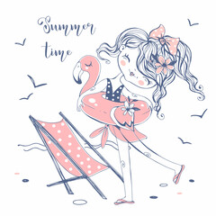 Obraz premium Cute girl in a swimsuit with a swimming circle and a beach lounger. Summer time. Vector.