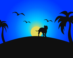 Illustration of vector silhouettes of dog, palm trees and birds. Blue background and sunset.