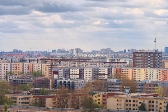 Panorama of Berlin Marzahn with TV tower and beautiful clouds