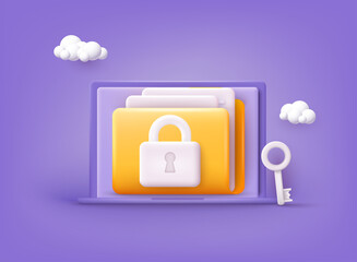 Yellow folder with files. Personal data security concept. Secure information transfer background. 3D Vector Illustrations.