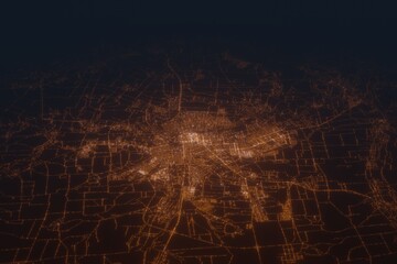 Aerial shot of Lugansk (Ukraine) at night, view from south. Imitation of satellite view on modern city with street lights and glow effect. 3d render