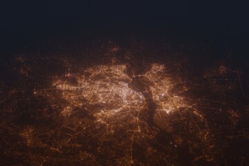 Aerial shot of Kyiv (Ukraine) at night, view from south. Imitation of satellite view on modern city with street lights and glow effect. 3d render