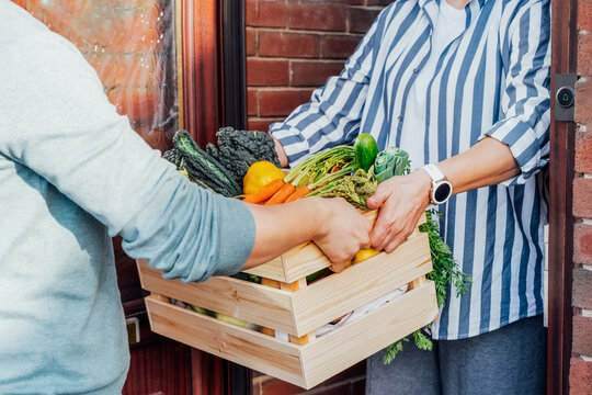 Home fresh food delivery. Woman taking wooden box with vegetables and fruits. Support local farmer food production . New Start of a healthy life, weight loss concept. Online food order. Recipe box