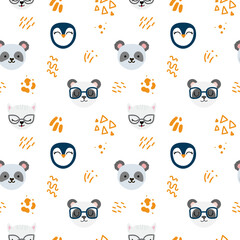 Seamless pattern with cute hand drawn cats, penguins and pandas.