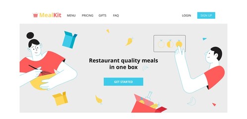 Landing page layout, delivery of meal kits and food delivery concepts. People cooking dinner and ordering food. Vector illustration in flat and outline style