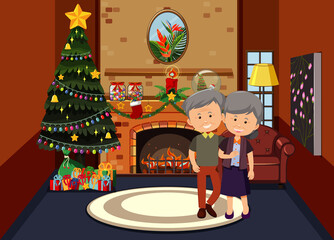 Living room decorated for christmas with an old couple