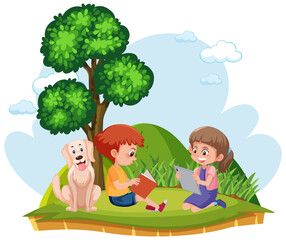 A boy and girl reading in the garden