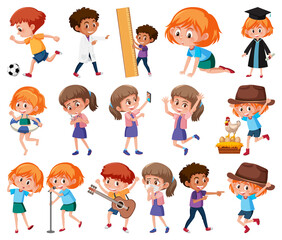 Set of children doing different activities on white background
