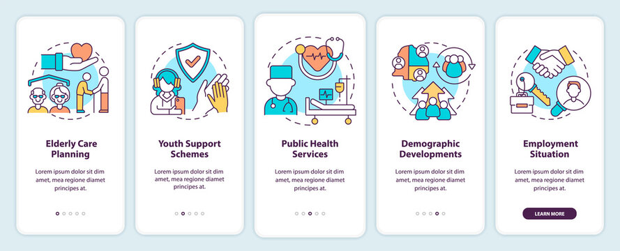 Social planning examples onboarding mobile app screen. Walkthrough 5 steps graphic instructions pages with linear concepts. UI, UX, GUI template. Myriad Pro-Bold, Regular fonts used