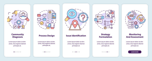 Social planning stages onboarding mobile app screen. Society changes walkthrough 5 steps graphic instructions pages with linear concepts. UI, UX, GUI template. Myriad Pro-Bold, Regular fonts used