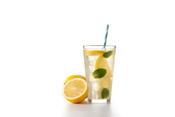 Glass of fresh lemonade isolated on white background