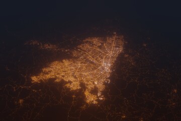 Aerial shot of Bogota (Colombia) at night, view from south. Imitation of satellite view on modern city with street lights and glow effect. 3d render