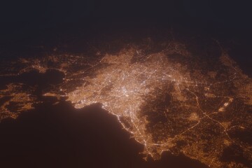 Aerial shot of Athens (Greece) at night, view from south. Imitation of satellite view on modern city with street lights and glow effect. 3d render