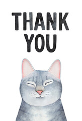 Water color illustration of cute little adorable kitten and "Thank You" lettering in black color on white. Hand painted watercolour graphic sketch for greeting card, poster, print, banner, postcard.