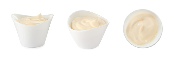 Set with tasty mayonnaise on white background. Banner design