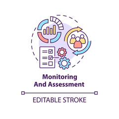 Monitoring and assessment concept icon. Evaluate progress. Social planning stage abstract idea thin line illustration. Isolated outline drawing. Editable stroke. Arial, Myriad Pro-Bold fonts used