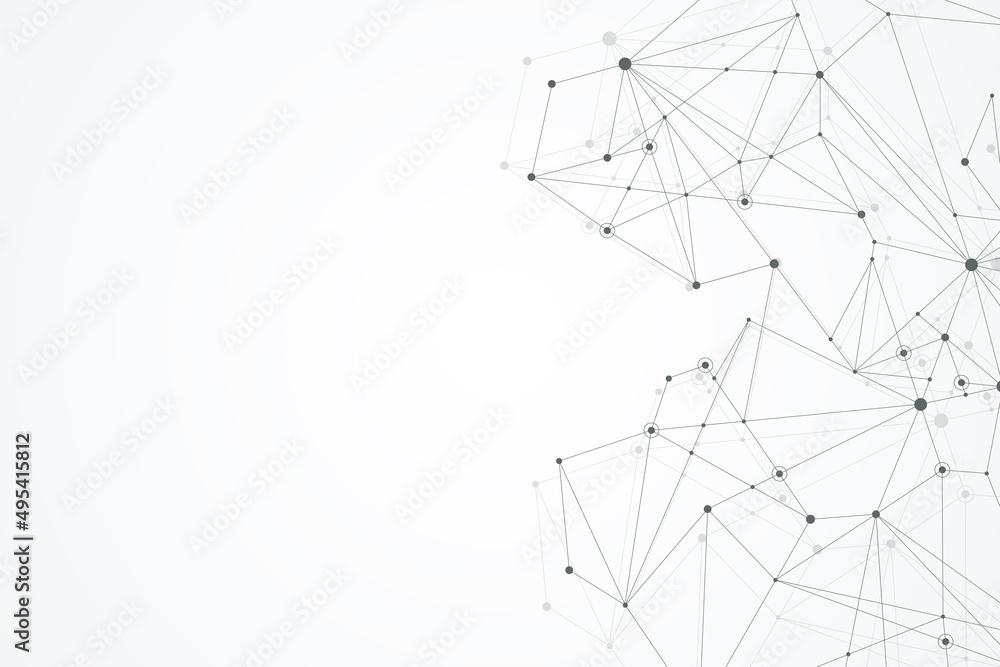 Poster Abstract polygonal background with connected lines and dots. Minimalistic geometric pattern. Molecule structure and communication. Graphic plexus background. Science, medicine, technology concept.