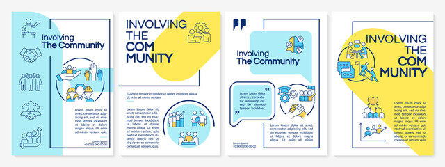 Involving community blue and yellow brochure template. Social planning. Leaflet design with linear icons. 4 vector layouts for presentation, annual reports. Questrial, Lato-Regular fonts used - obrazy, fototapety, plakaty