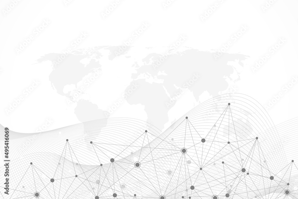 Poster Abstract plexus background with connected lines and dots. Wave flow. Plexus geometric effect Big data with compounds. Lines plexus, minimal array. Digital data visualization, illustration