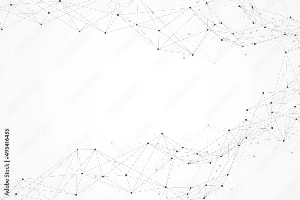Poster Abstract plexus background with connected lines and dots. Wave flow. Plexus geometric effect Big data with compounds. Lines plexus, minimal array. Digital data visualization, illustration