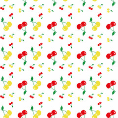Cherry seamless pattern. Good for textile, wrapping, wallpapers, etc. Sweet red and yellow ripe cherries isolated on white background. Vector illustration.