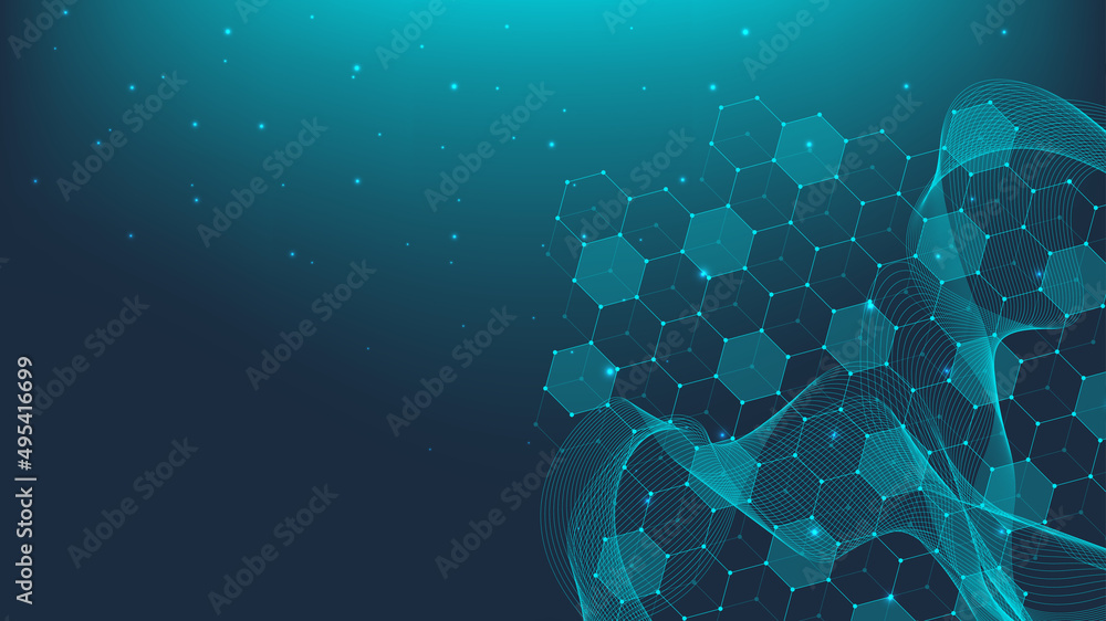 Poster Molecular structure background. Science template wallpaper or banner with a DNA molecules. Asbtract molecule background with hexagons, wave flow, illustration.