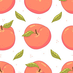 Seamless fruit pattern with peaches and leaves and dots on a white background. Vector illustration background.