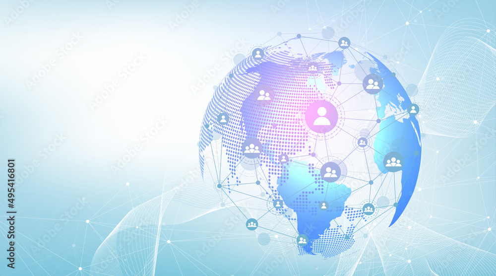 Poster Business global network connection illustration. World map point and line composition concept of global business. Global internet technology. Big data visualization illustration