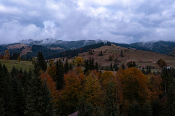 Fototapeta premium Aerial view of beautiful forest and mountain village on autumn day