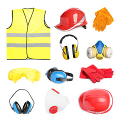 Set with protective workwear on white background. Safety equipment