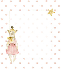 Watercolor illustration card its a girl, frame, polka dot, lama, star. Hand drawn clipart. Perfect for card, postcard, tags, invitation, printing, wrapping.