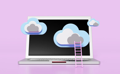 laptop computer with cloud, ladder or stairs isolated on purple background. cloud storage download, upload, data transfering, datacenter connection network concept, 3d illustration, 3d render