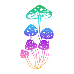 Magic mushrooms. Psychedelic hallucination. Gradient colorful vector illustration isolated on white. 60s trippy hippie art.
