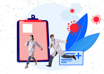 Contemporary creative art collage. Young doctors running away virus molecules. Concept of pharmacy, medicine, healthcare