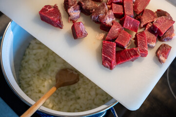 Raw meat prepared for czech traditional goulash