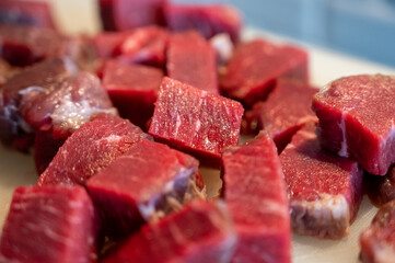 Raw meat prepared for czech traditional goulash