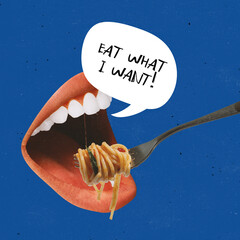 Contemporary art collage. Giant female mouth eating delicious Italian pasta isolated over blue background