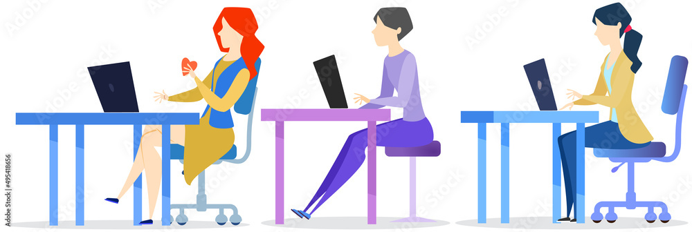 Poster customer operator team vector illustration. women with computers work in consulting service, technic
