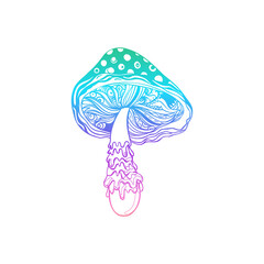 Magic mushrooms. Psychedelic hallucination. Gradient colorful vector illustration isolated on white. 60s trippy hippie art.