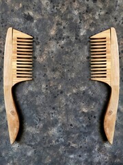 wooden combs on a black concrete background with copy space