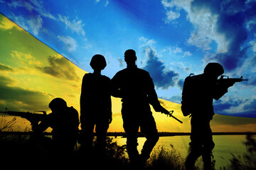 Silhouettes of soldiers with assault rifles and Ukrainian national flag, double exposure
