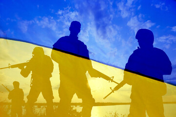 Silhouettes of soldiers and Ukrainian national flag, double exposure