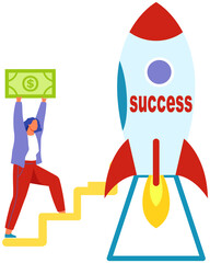 Financial success and rocket with ready to be launched. Launching new startup, creating project. Man standing near spaceship, rocket as symbol of startup. Creative idea, business project concept
