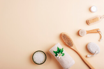 Natural bath accessories and cosmetics. Face and body brushes, sea salt, towel, pumice stone and...