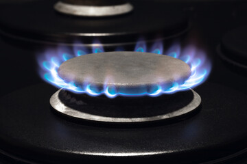 blue fire over the gas burner in the kitchen, gas price, utility bills
